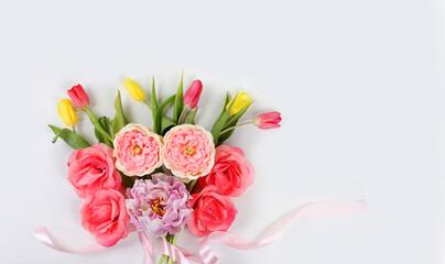 Holiday concept with flowers, spring or summer composition, still life, banner. Greeting card for mothers day, womens day, lovers day, happy birthday, wedding, selective focus,