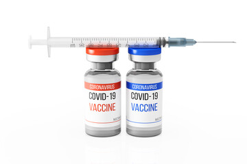 Two vials of coronavirus vaccine with a syringe. Glass bottles with red and blue caps. Two-step injection against the COVID-19 virus. 3D rendering
