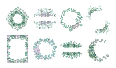 Watercolor succulents floral and eucalyptus leaves frames, wreaths. Hand drawn summer greenery illustration for wedding invitation, greeting cards, posters and other.