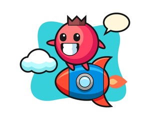 Cranberry mascot character riding a rocket