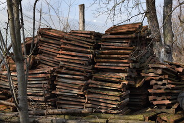 Old roof tiles in stacks.
