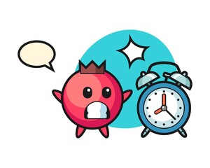 Cartoon illustration of cranberry is surprised with a giant alarm clock