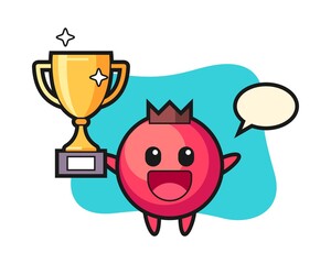 Cartoon illustration of cranberry is happy holding up the golden trophy