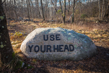 USA, Massachusetts, Cape Ann, Gloucester. Dogtown Rocks, inspirational saying carved on boulders in...