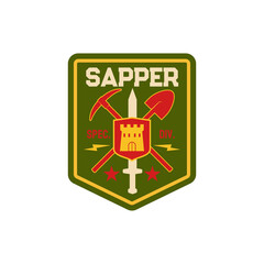 Pioneer combat engineers special division isolated chevron with digging and mining equipment, ax and shovel spade, armour sword, fortress emblem. Vector sapper combatant soldier patch on uniform
