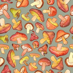Watercolor and ink red mushrooms pattern on white. Seamless pattern with wild mushrooms. Colorfull background for textile, wallpapers, print and banners.