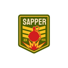 Military chevron of sappers combat engineers squad isolated patch on uniform with fire and bomb. Vector sapper, pioneer combat engineers special division combatant chevron, fortifications breaching