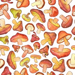 Watercolor and ink red mushrooms pattern on white. Seamless pattern with wild mushrooms. Colorfull background for textile, wallpapers, print and banners.