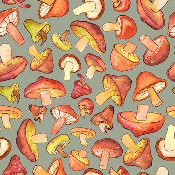 Watercolor and ink red mushrooms pattern on white. Seamless pattern with wild mushrooms. Colorfull background for textile, wallpapers, print and banners.