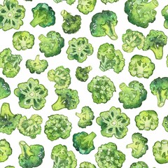 Watercolor and ink broccoli pattern on white. Seamless pattern with fresh vegetables. Colorfull background for textile, wallpapers, print and banners.
