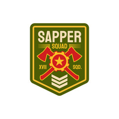 Combat engineers special division isolated chevron with crossed axes, rank and star. Vector pioneer combatant uniform patch, combatant military engineer demolition and bridge-building sapper badge