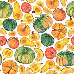 Watercolor and ink pumpkins pattern on white. Seamless pattern with fresh veggies. Colorfull background for textile, wallpapers, print and banners.