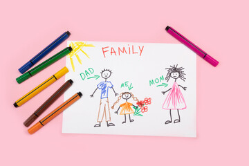 DIY drawing, child's drawing family - dad, mom and me. Children's creativity concept