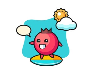 Character cartoon of cranberry do surfing on the beach