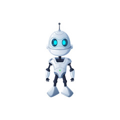 Sci-fi droid isolated white robot on legs isolated. Vector modern technologies character, friendly plastic machine helper with eyes. White kids toy, artificial automated android with antenna on head
