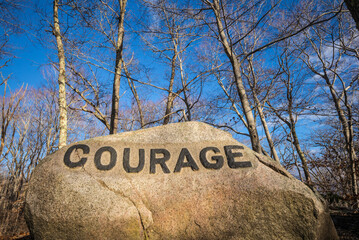 USA, Massachusetts, Cape Ann, Gloucester. Dogtown Rocks, inspirational saying carved on boulders in...