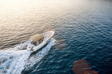 Speed boat in mediterranean sea, aerial view
