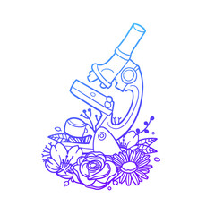 Microscope Rose Flower with Vintage Laboratory Design. Sciences Floral frame ornament vector style. Decoration Design Wreat illustration.