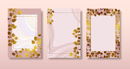 Gold marble design. Set of gilded leaves and branches. A beautiful combination of pink marble and gold.