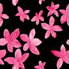 Pink blossom flowers watercolor painting - seamless pattern on black background