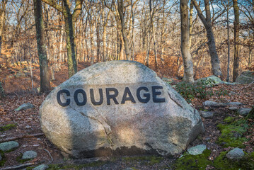 USA, Massachusetts, Cape Ann, Gloucester. Dogtown Rocks, inspirational saying carved on boulders in...