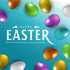 Happy Easter banner. Trendy Easter design with typography, bunny form with eggs on effective background. Modern minimal style. Horizontal poster, greeting card, header for website.