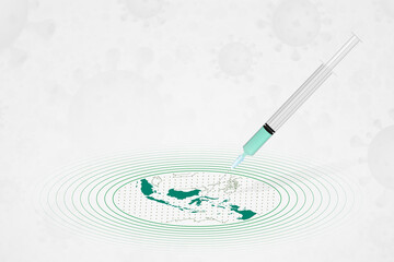 Indonesia vaccination concept, vaccine injection in map of Indonesia. Vaccine and vaccination against coronavirus, COVID-19.