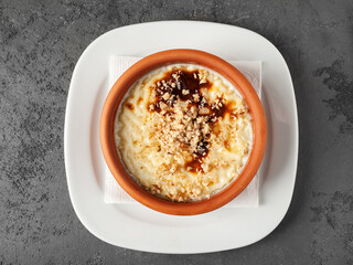 traditional turkish dessert rice pudding. top view
