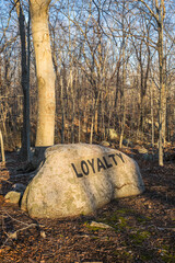 USA, Massachusetts, Cape Ann, Gloucester. Dogtown Rocks, inspirational saying carved on boulders in...