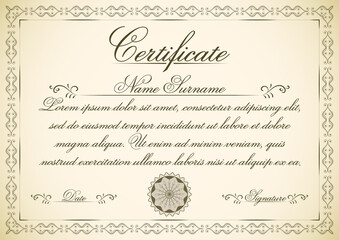 A4 size vintage certificate illustration with swirl frame, text and stamp. Elegant retro style document page design to use in old style document projects.