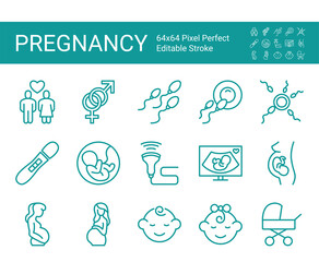 Set of line icons of pregnancy. Editable vector stroke. 64x64 Pixel Perfect.