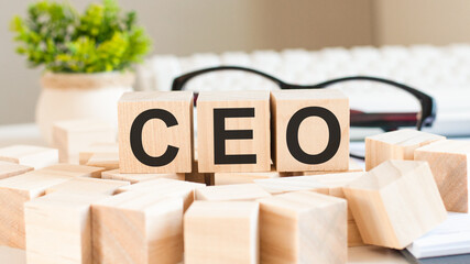 CEO concept with wooden blocks and coins on table, business concept