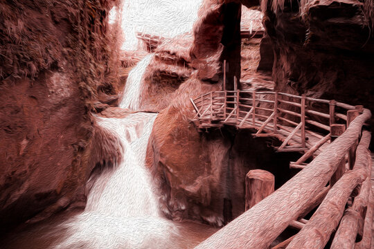 Oil painting pink effect on waterfalls and walkway in caves carved out of sandstone, Caglieron caves, Veneto, Italy