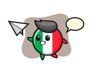 Italy flag badge cartoon character throwing paper airplane