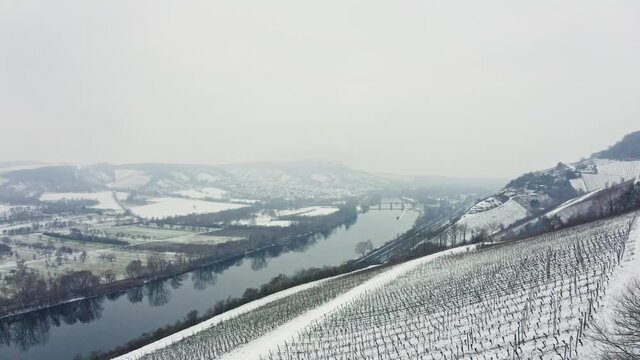 Aerial View Of Vineyards Mainfranken region, W&uuml;rzburg, Germany. Vineyards on hills covered with 