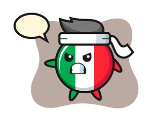 Italy flag badge cartoon illustration as a karate fighter