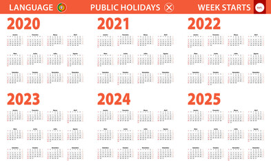 2020-2025 year calendar in Portuguese language, week starts from Sunday.