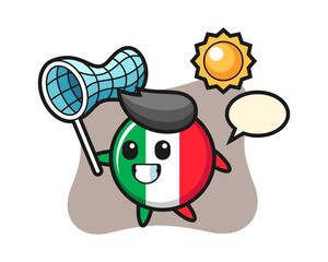 Italy flag badge mascot illustration is catching butterfly