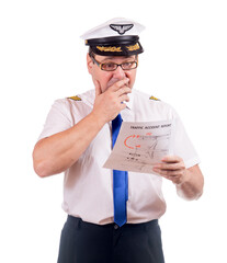 The investigation of air accident. The pilot looks into report about the aircraft crash, isolated on white background. © milkovasa