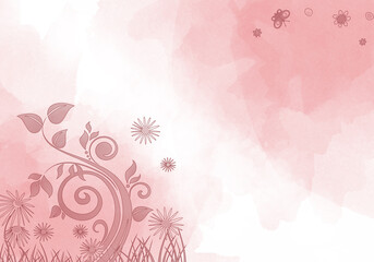 Elegant pink and white background with swirls and little leaves and space for your text. Spring illustration.