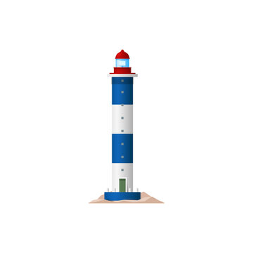 Lighthouse tower isolated building. Vector structure with beacon light to warn or guide ships at sea, nautical navigation beacon on ocean coast or marine shore. Seafarer security and safety tower