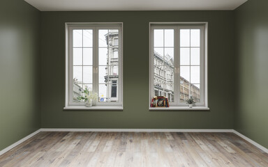 3d illustration of an empty room with olive walls and two windows overlooking city buildings.