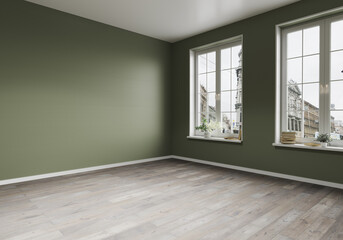 3d illustration of an empty room with olive walls and two windows overlooking city buildings.