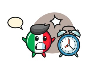 Cartoon illustration of italy flag badge is surprised with a giant alarm clock