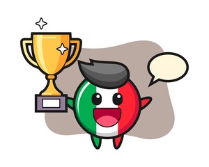 Cartoon illustration of italy flag badge is happy holding up the golden trophy