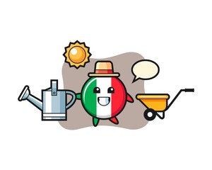 Cartoon illustration of italy flag badge holding watering can