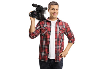 Man holding a professional recording camera and smiling