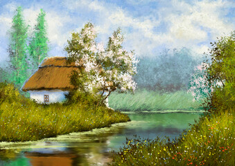 Fototapeta premium Oil paintings rural landscape, flowers in the field, spring meadow with flowers, house on the river