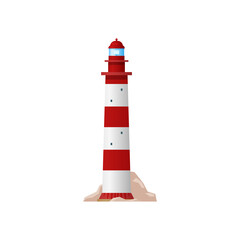 Nautical lighthouse sea navigation beacon isolated navy guidance equipment. Vector marine tower with searchlight lamp, red striped building icon. Retro tower construction with entrance on rocks