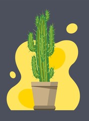 Cactus in flower pot on dark and yellow abstract background vector illustration.